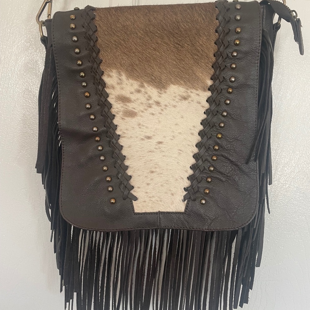 Western Linen Fringe Calf Hair Handbag with Adjustable strap